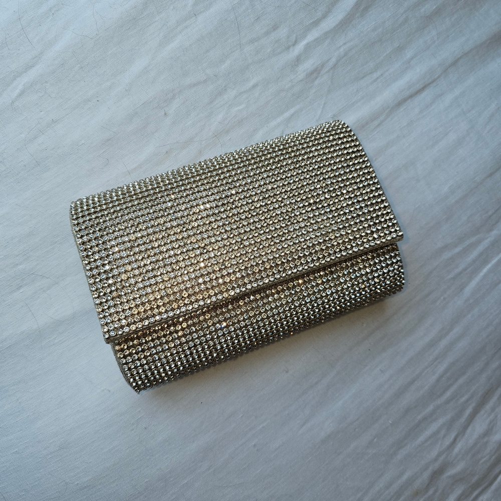 Silver Rhinestone Studded White Gold Leather Clutch Bag w Chain Shoulder Strap